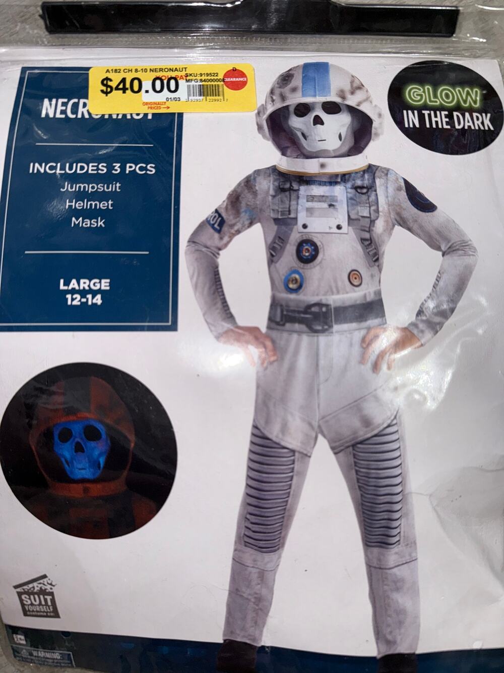 New Necronaut Kids Halloween Costume Glow in the Dark White and Gray large 12-14